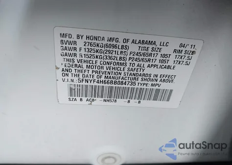 2011 Honda Pilot Ex-L from USA, damaged, VIN 5FNYF4H66BB084735